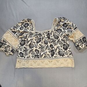 Christian Siriano Cream & Black Floral Blouse – Lace Detail, Size XL